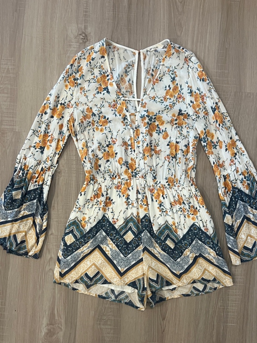 Chloe & Katie Blue, Yellow and Cream Floral Bell Sleeve Romper